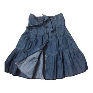 Zara denim tiered flare buttoned down belted western prairie style skirt size 2